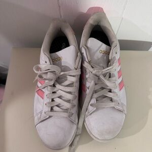 adidas White Sneakers with Pink Stripes and Gold Logo
